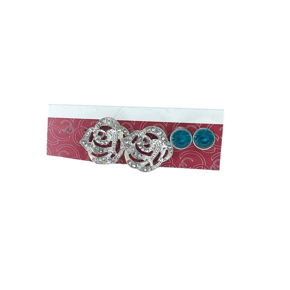 Charming Charlie Silver Rose Earrings and Turquoise Blue Studs Set NWT